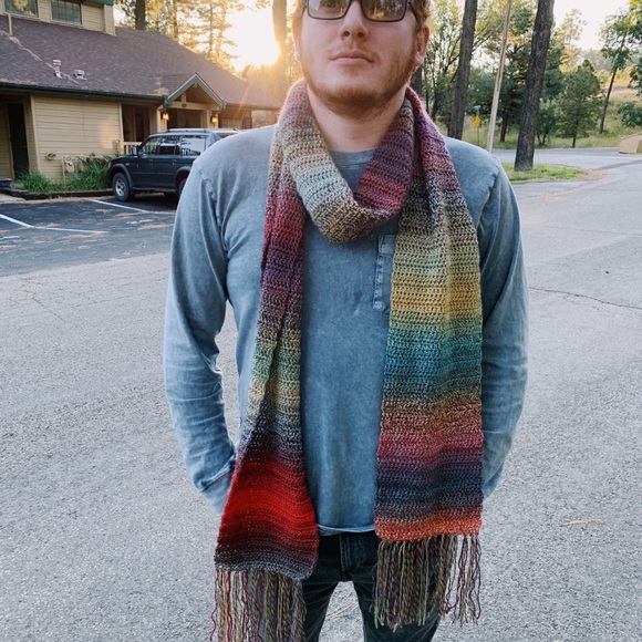Handmade Crochet Unisex Extra Long Oversized Colorful Scarf with Fringe - Picture 7 of 7